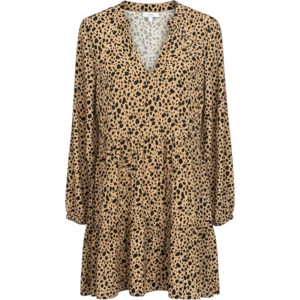 Gap Women Leopard Print Babydoll Dress Long Sleeve Tiered V-Neck Tan Black Small